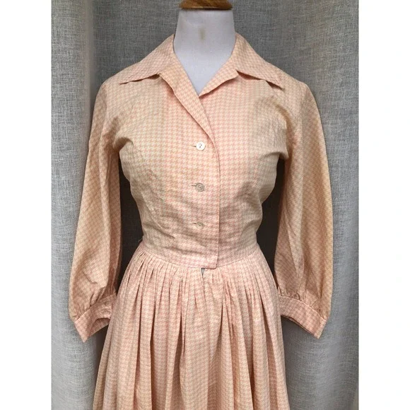 1950 I. Magning Cotton Peach Cream houndstooth Maxi Dress Museum Collection